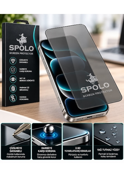 Spolo İphone 17 Ekran Koruyucu Large Arc 500cc Full Hd Oval Kenarlı Darbe Ve Çizilme Koruyucu Cam