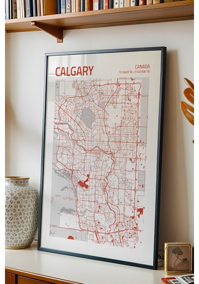 Calgary Kanada Canada Haritası Çerçeveli Tablo Lüks Salon Ofis Duvar Dekorasyonu Hediyelik Tablo