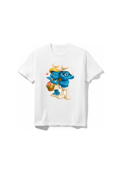 Urbantrendstore Şirinleer Şirine Baskılı Unisex Kız Çocuk Erkek Çocuk Bisiklet Yuvarlak Yaka Basic Kısa Kollu %100 Pamuk Tişört Beyaz