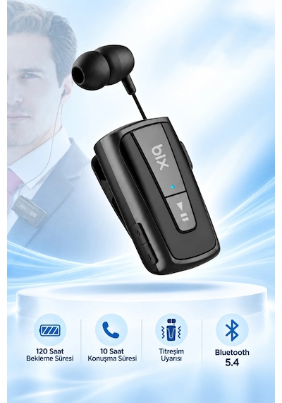 Exenar - Siyah - Makaralı Bluetooth Kulaklık Titreşimli Yaka Klipsli Tekli Şoför Kulaklığı Çift Telefon Bağlantılı