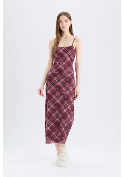 DeFacto Bodycon Vücudu Saran Kareli Tül Askılı Maxi Elbise D5034AX25SPBR248