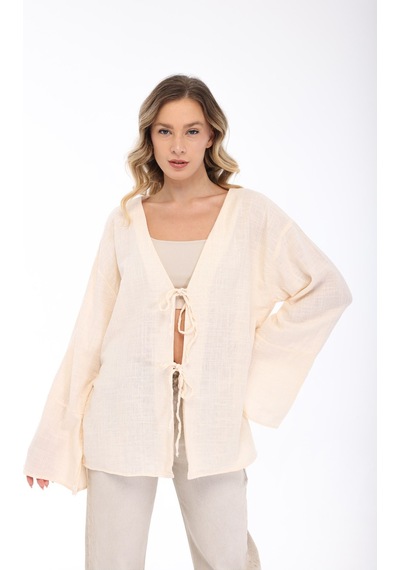 Blayn Jeans Blayn Kadın Keten Kimono Oversize Rahat Kalıp Yazlık Uzun Kollu Kimono Taş
