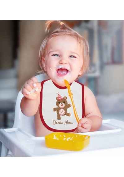 Arba BK Kids Kişiye Özel Sevimli Ayı Tasarımlı Kırmızı Bebek Mama Önlü Kırmızı