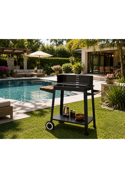 Tekerlekli Kömürlü Barbekü Mangal 83x40,5x86,3 Cm Bambu Yan Masalı, Krom Izgaralı, Bahçe Ve Balkon İçin Siyah