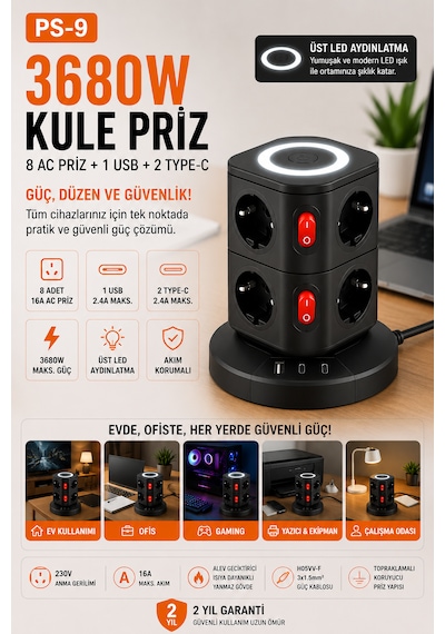3680w Kablosuz Şarjlı Kule Priz 8 Ac Priz 1 Usb 2 Type-c Akım Korumalı Topraklamalı Çoklu Priz Ev Ofis Bilgisayar Gaming Şarj İstasyonu Ps-9