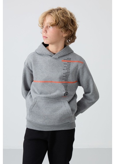 Tommylife Gri Melanj Pamuklu Kalın İçi Tüylü Standart Fit Baskılı Erkek Çocuk Sweatshirt - 11239