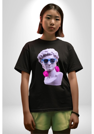 Kulaklık Gözlük Pop Art Heykel Pamuklu Bisiklet Yaka Unisex Oversize Boyfriend Dijital Baskılı Siyah T-shirt Siyah