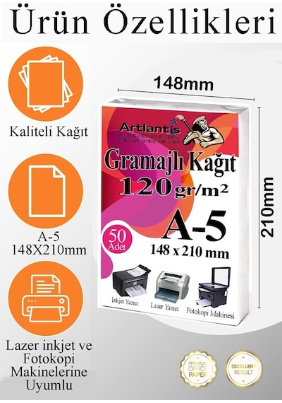 A5 Gramajlı Fotokopi Kağıdı 50 Adet 120 Gr Sertifika Kağıdı Kalın Kağıt Baskı Tüm Yazıcılara Uyumlu 14.8x21cm Ofis Büro