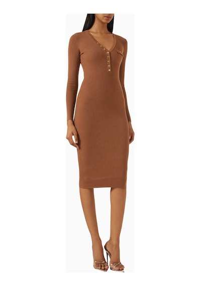 Elit Elisabetta Franchi Ribbed Chest Pocket V Yaka Logo Düğmeli, Triko Midi Elbise Abiye Bej 44