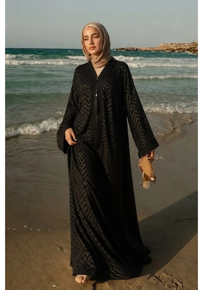 Nazzain Dubai İpeği Özel Zigzak Baskı Abaya Çok Renkli
