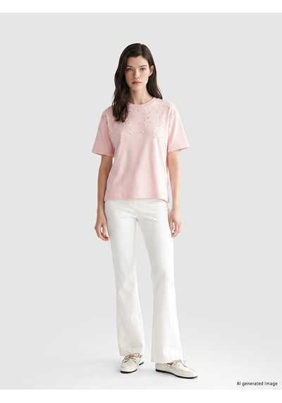 Lcw Comfort Pembe Boncuk İşlemeli Soft Touch Kadın Tişört
