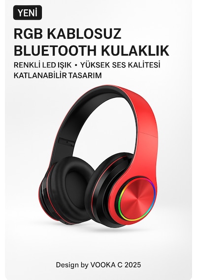 Rgb Işıklı Kablosuz Bluetooth Kulak Üstü Kulaklık Müzik, Oyun, Mikrofonlu, Katlanabilir