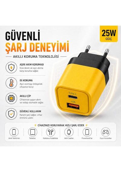 25w Hızlı Şarj Adaptörü Type-c + Usb Çift Girişli Akıllı Şarj Başlığı Kompakt Tasarım