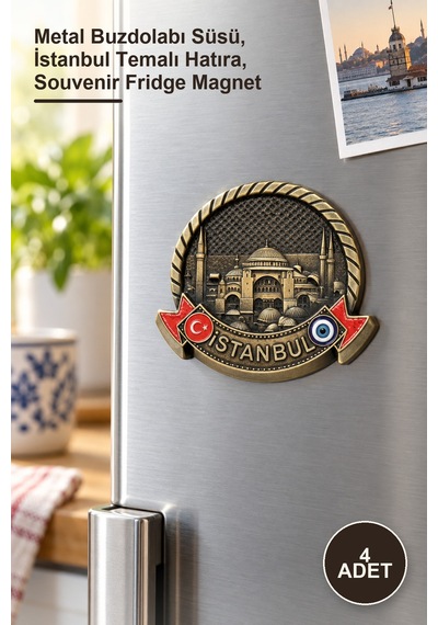4 Adet İstanbul Yöresel Magnet Metal Buzdolabı Süsü, İstanbul Temalı Hatıra, Souvenir Fridge Magnet