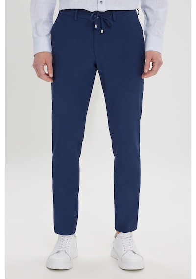 AC&Co / Altınyıldız Classics Erkek Lacı Slim Fit Dar Kesim Beli Bağlamalı Yan Cep Gofre Desenli Pantolon Lacivert