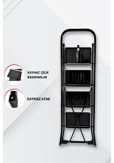 4 Basamaklı Siyah Çelik Merdiven - Ekstra Güçlü Gövde - Kalın Profil