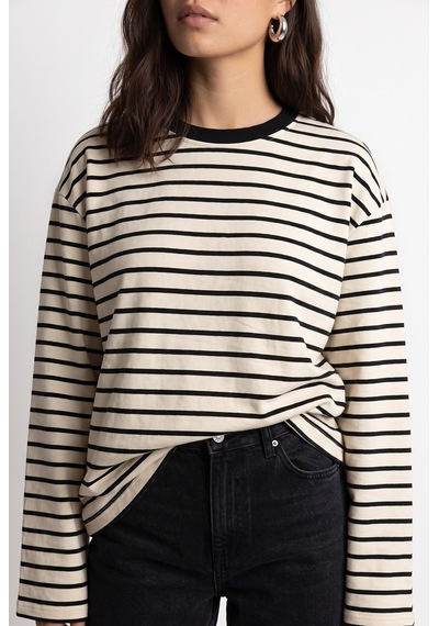 Mixray 2236 Çizgili Bisiklet Yaka Uzun Kol Oversize Sweatshirt Siyah