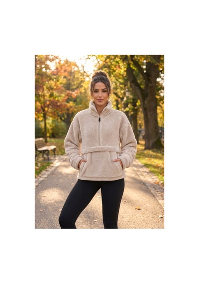 Butik İstanbul Kadın Yarım Fermuarlı Kanguru Cepli Peluş Wellsoft Sweatshirt Bej