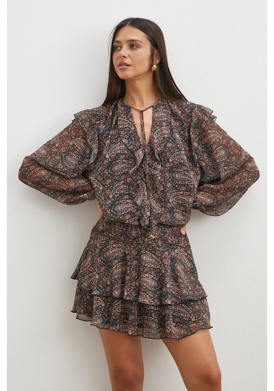 Uterpe Paisley Desenli Fırfırlı Gömlek Siyah