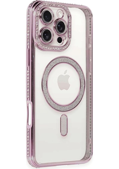 Apple Uyumlu iPhone 16 Pro Kılıf Joke Seri Magsafe Özellikli Taşlı Simli Silikon Kapak Pembe
