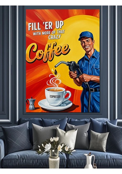Retro Benzinci Kahve Posteri Dekoratif Kanvas - Mdf Ahşap Tablo