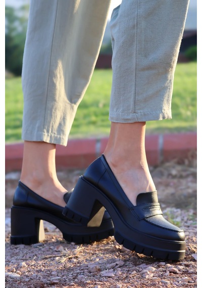 Asmi Shoes Kadın Tokasız 8 Cm Loafer Model Topuklu Ayakkabı Siyah Cilt Siyah