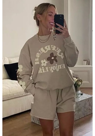 Bej Bisiklet Yaka Baskılı Sweatshirt Mg1572