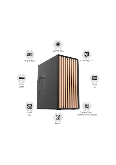 Turbox TX8344 R5-5500 16 GB 512 GB SSD 4 GB R7240 Free Dos Masaüstü Oyuncu Bilgisayarı