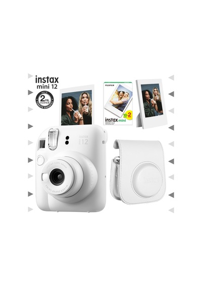 Fujifilm Instax Mini 12 Fotoğraf Makinesi + 20'li Film + Çerçeve + Deri Kılıf Seti Beyaz