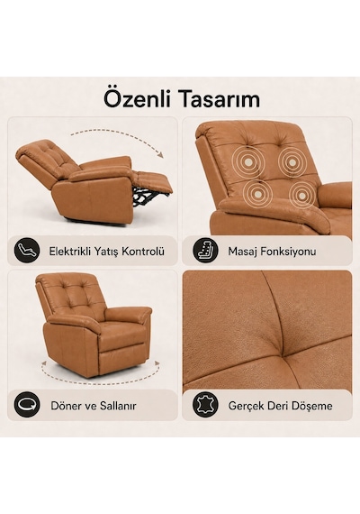 Smarto Relax Basel Elektrikli Masajlı Döner Sallanan Tv Koltuğu Kontrol Panelli Ergonomik Gerçek Deri Baba Koltuğu Açık Kahverengi