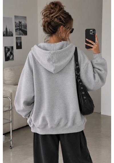 Cool Tarz Kadın Oversize Kapüşonlu Fermuarlı Sweatshirt 3 İplik Şardonlu Cepli Gri Gri