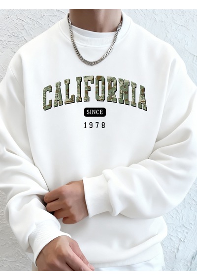 Startmore Startmorekaliforniya 1978'den Beri Baskılı Erkek Sweatshirt Kışlık Bol Kapüşonlu Spor Bisiklet Yaka Po Beyaz