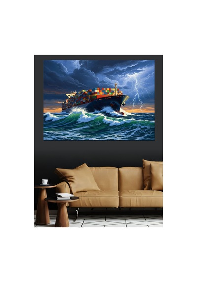 Fırtınalı Denizde Dev Kargo Gemisi Yağlı Boya Dokulu Kanvas Tablo Canvas Tablosu