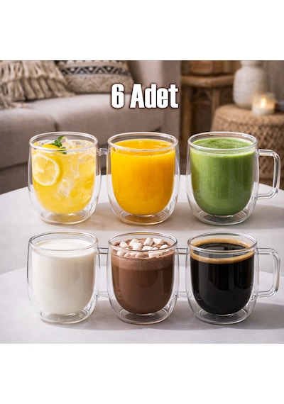 Porsima Pbt-323 Çift Cidarlı 6lı Cam Kupa Çay Kahve Kupası Isı Yalıtımlı Kulplu Cam Bardak Seti 250 Ml Cam - Şeffaf