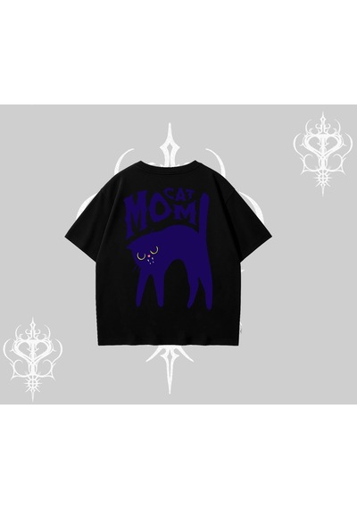 Startmore Startmore Cat Mom Yazılı Minimal Kedi Arka Baskılı Oversize Tshirt Siyah