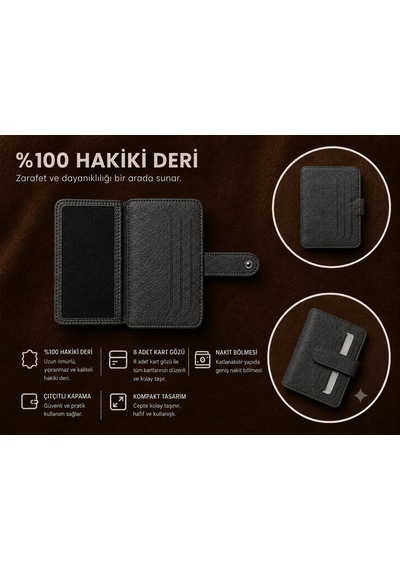 Aldorya %100 Hakiki Deri Erkek Cüzdan Kartlık 8 Kart Gözü, Çıtçıtlı, Nakit Bölmeli, Kompakt Koyu Gri