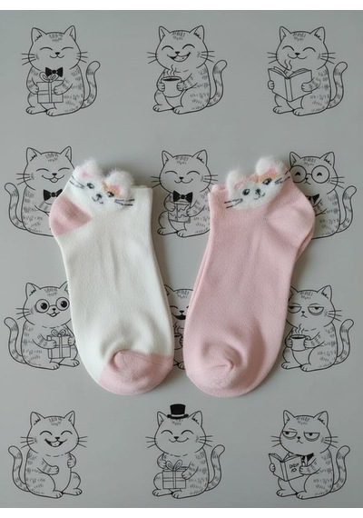 Heren Socks 2'li Kedi Tüylü Patik Açık Pembe - Beyaz