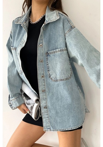 Mavi Çift Cepli Yıkamalı Denim Gömlek Ceket Bcdf-235403 Çok Renkli