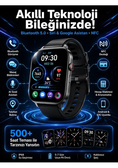 Akıllı Saat Tema Değiştirme Uyku Ve Takibi Sesli Asistan Bildirim Görme Yeni Nesil