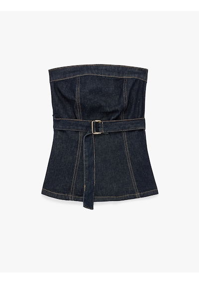 Koton Kolsuz Pamuklu Straplez Yaka Kemer Detaylı Denim Bluz Koyu İndigo 6sal30015md Dark Indigo Koton Kolsuz Pamuklu Straplez Yaka Kemer Detaylı Denim Bluz Koyu İndigo 6sal30015md Dark Indigo
