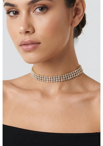 Valmont Accessories Kristal Taşlı 26+10 Cm Choker Işıltılı Şık Kadın 3 Sıra Su Yolu Altın Sarısı Tasma Kolye Gümüş