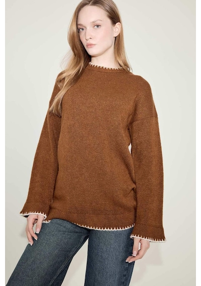 Defacto Regular Fit Bisiklet Yaka Triko Kazak Tunik G6342ax25wnbn467 Kahve-bn467