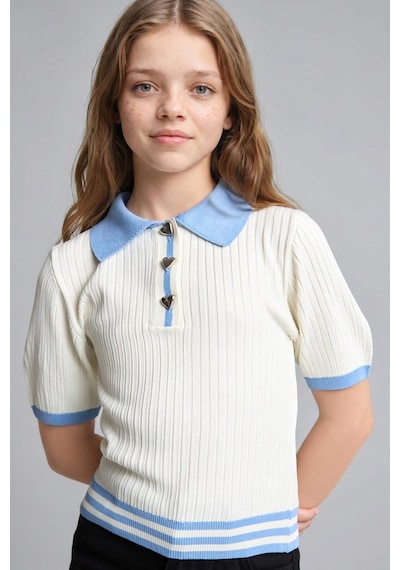 Defacto Regular Fit Kısa Kollu Fitilli Polo Yaka Kazak Kız Çocuk I1714a826auwt34 Beyaz-wt34