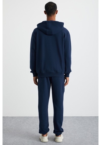 Grimelange Alessıo Erkek %100 Pamuk Kapüşonlu Kordon Detaylı Oversize Fit Lacivert Sweatshirt Lacivert
