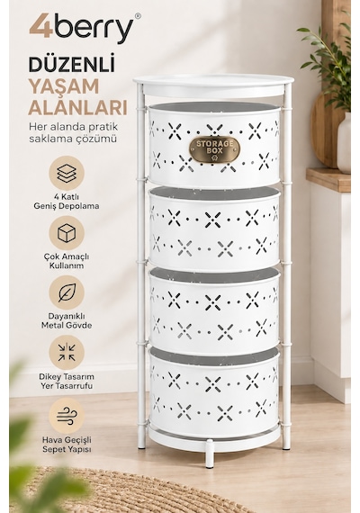 4 Katlı Metal Çok Amaçlı Düzenleyici Sepet Mutfak Sebzelik, Oyuncak, Banyo Ve Ev Organizeri Beyaz