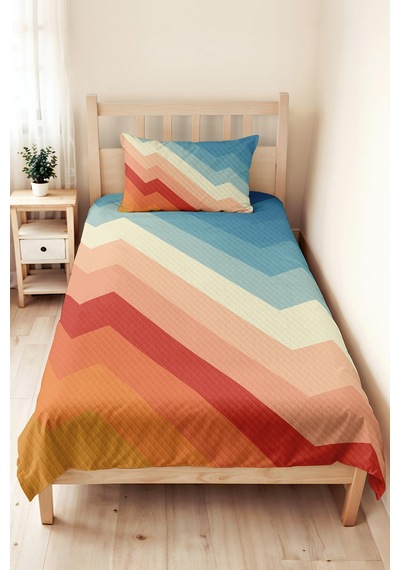 Geometrik Mavi Pastel Genç Odası Tek Kişilik Pike Takımı - Zigzag Turuncu 160x220 Cm Yatak Örtüsü Kabuğu Gölge Tonu
