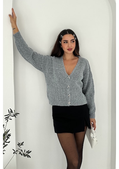 Noa & Noa Kadın V Yaka Düğmeli Triko Hırka Textured Grace Gri