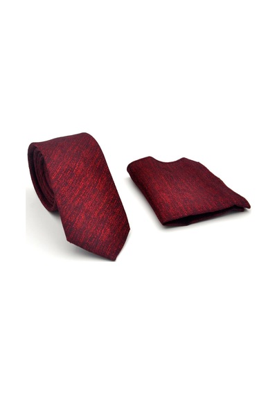 Gaffy Kırmızı Kırcıllı Desenli Bordo Dokuma Kumaş Mendilli Slim Fit Kravat // Sdk-2501-4 Bordo