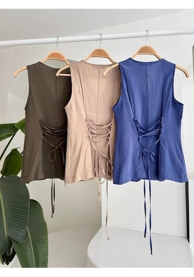 Moderie Butik Arkası Bağcıklı Yelek Plazza Pantolon Modal Takım 10202-08 Haki