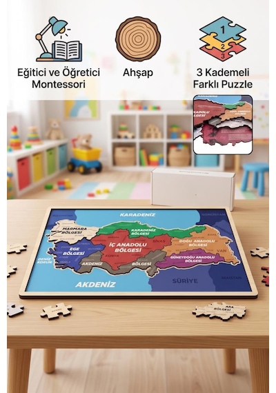 Benim Güzel Vatanım Ahşap Türkiye Haritası Ve Bayrağı Eğitici Montessori Çocuk Puzzle